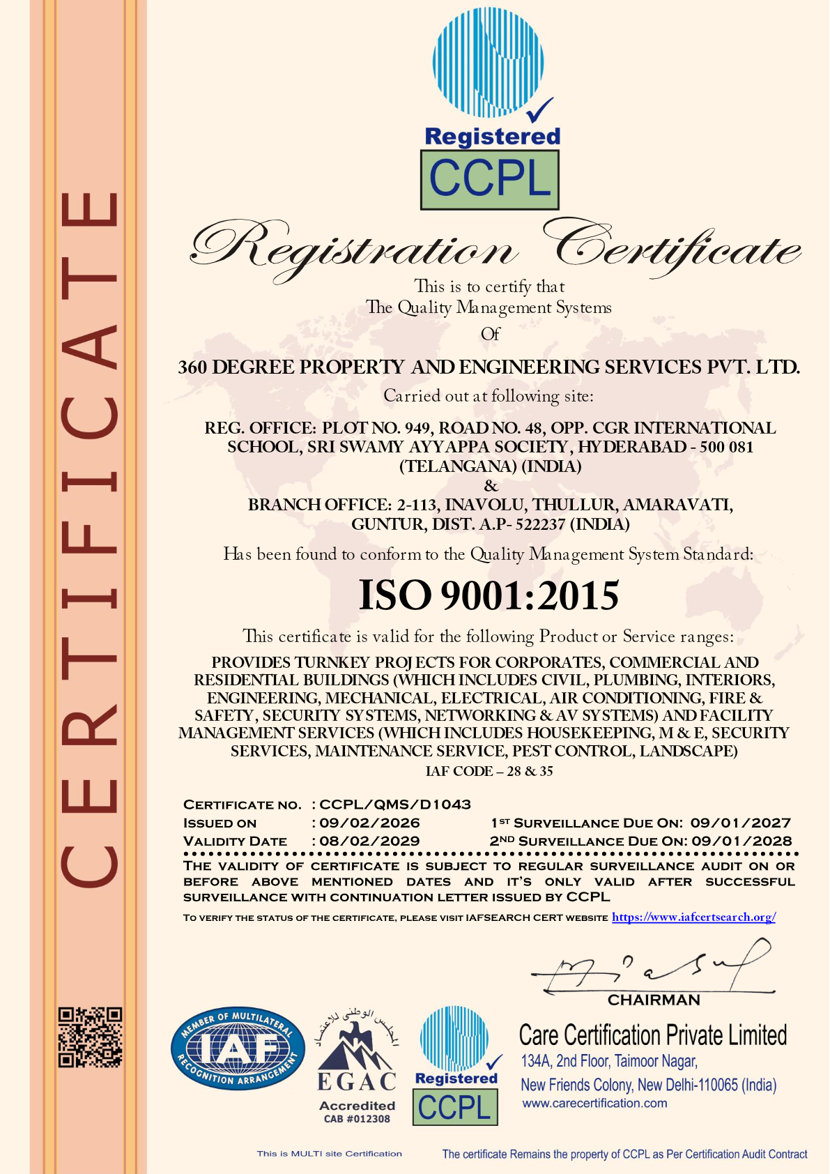 ISO 9001:2015 Quality Management System certificate issued to 360 Degree Property and Engineering Services