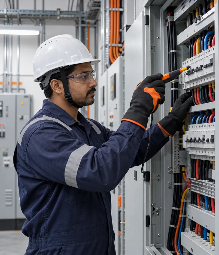 Electrician testing a commercial electrical panel