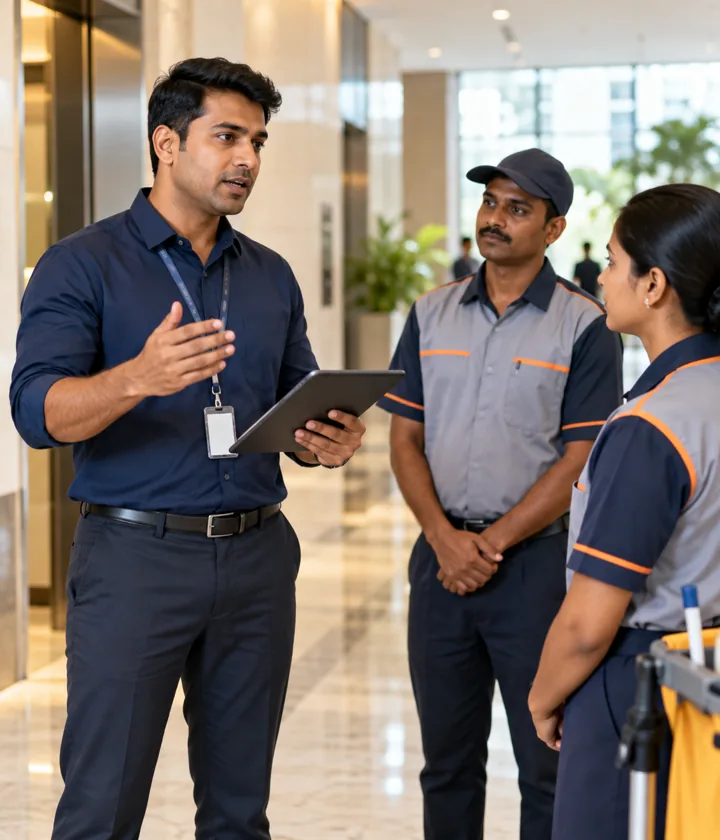 Field officer briefing a professional site team
