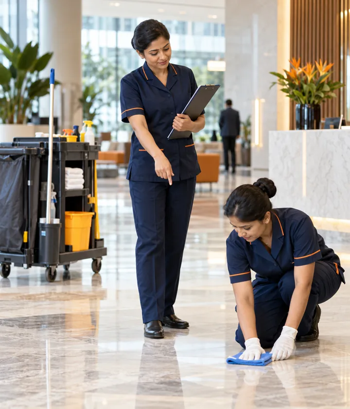 Housekeeping supervisor guiding an associate