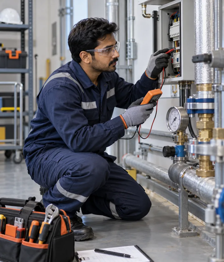Facility maintenance technician testing essential building systems