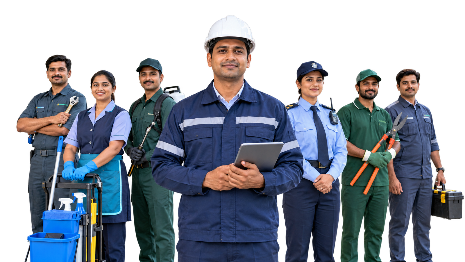 Integrated facility management team arranged around a central engineering lead