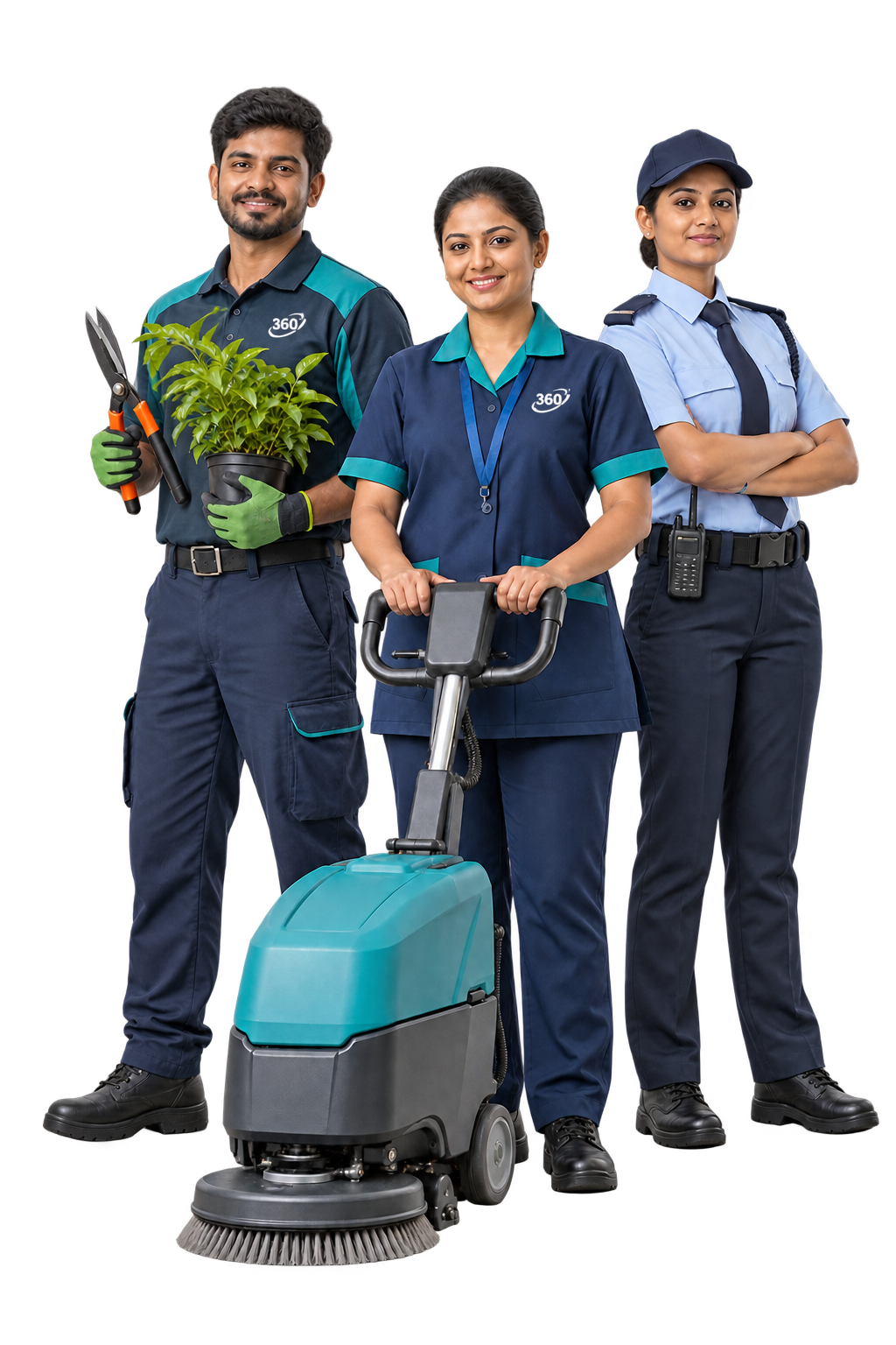 Branded housekeeping and landscaping professionals with a security officer