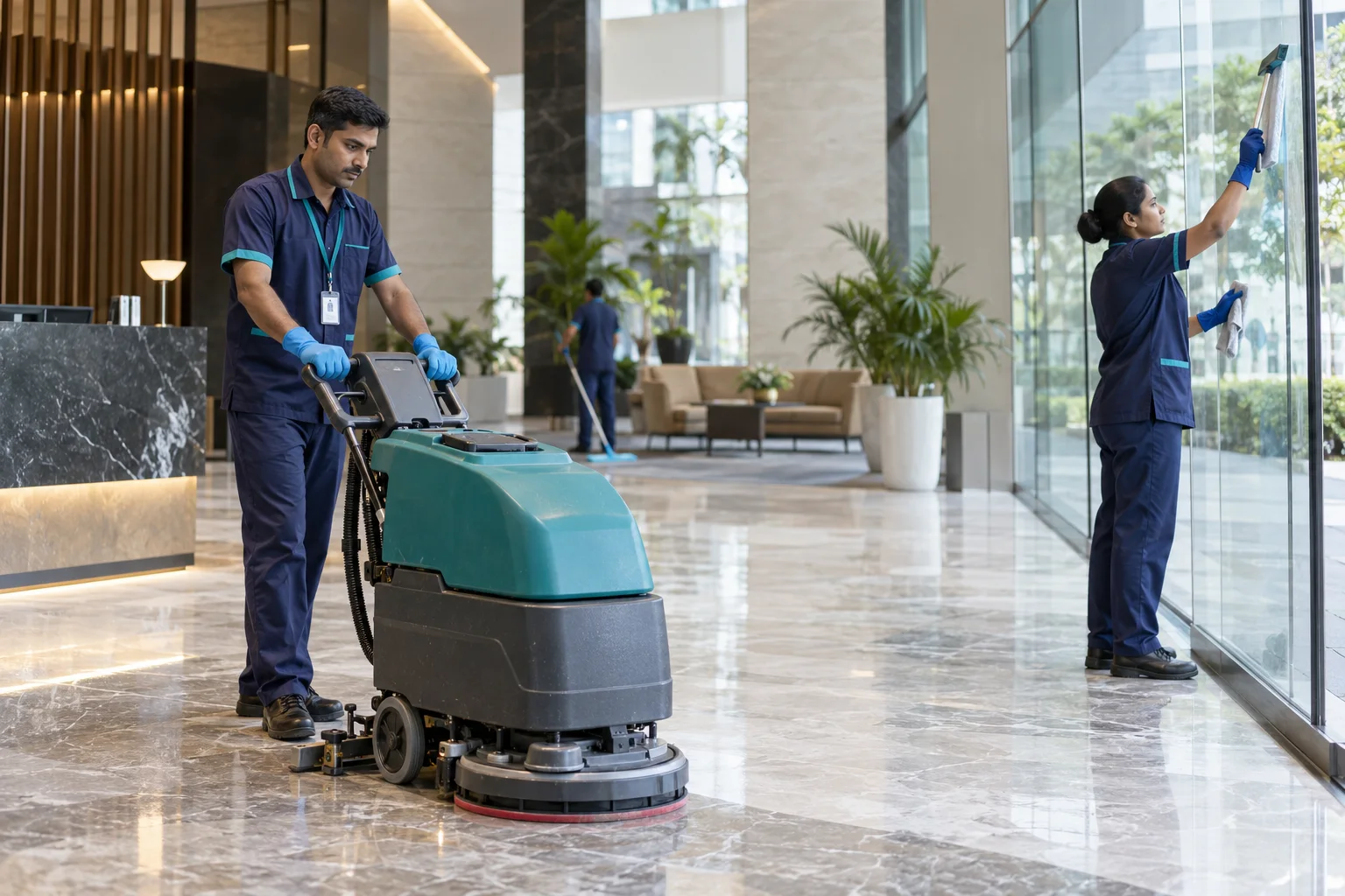 Housekeeping professionals cleaning a modern office lobby