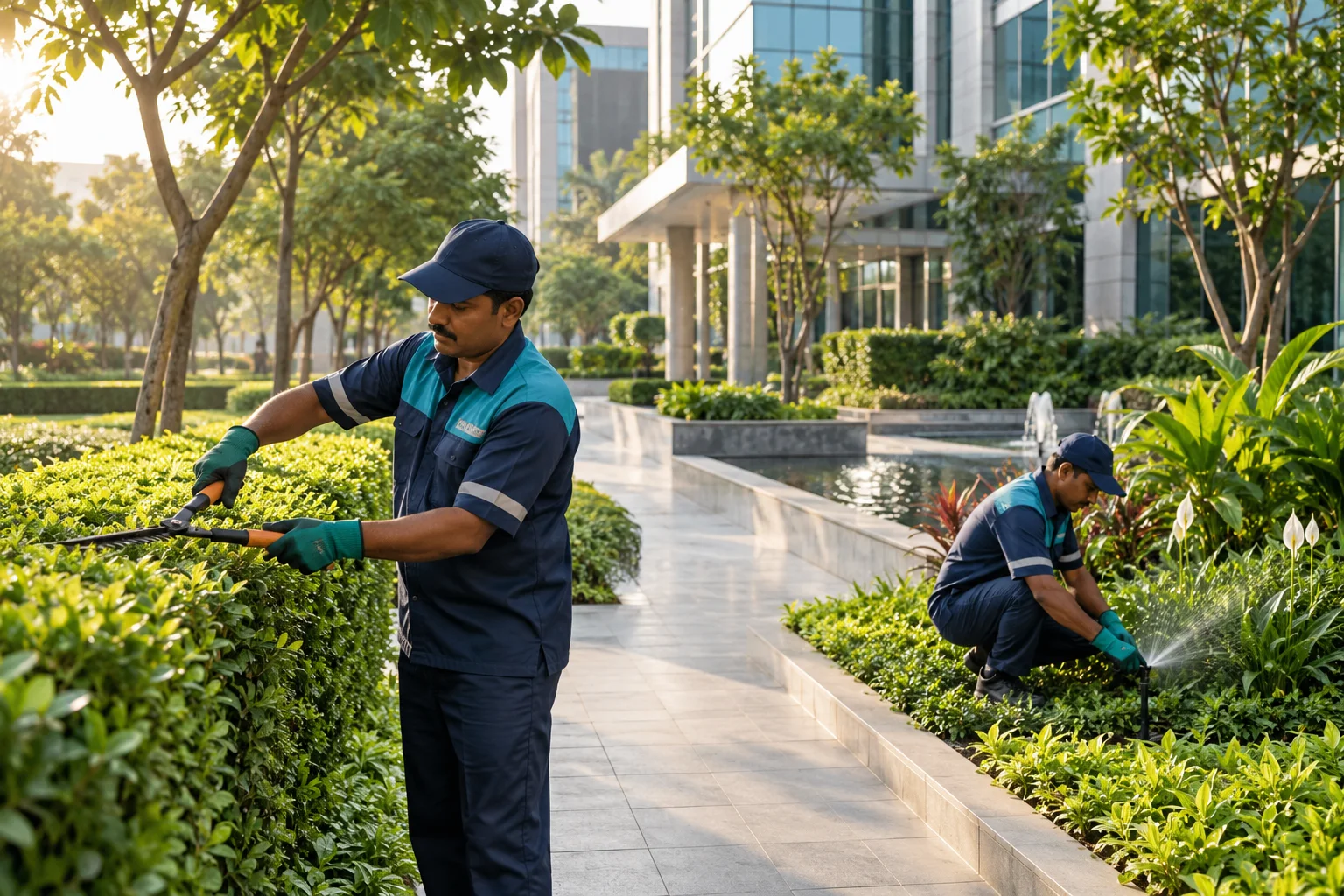 Landscaping team maintaining a corporate campus garden