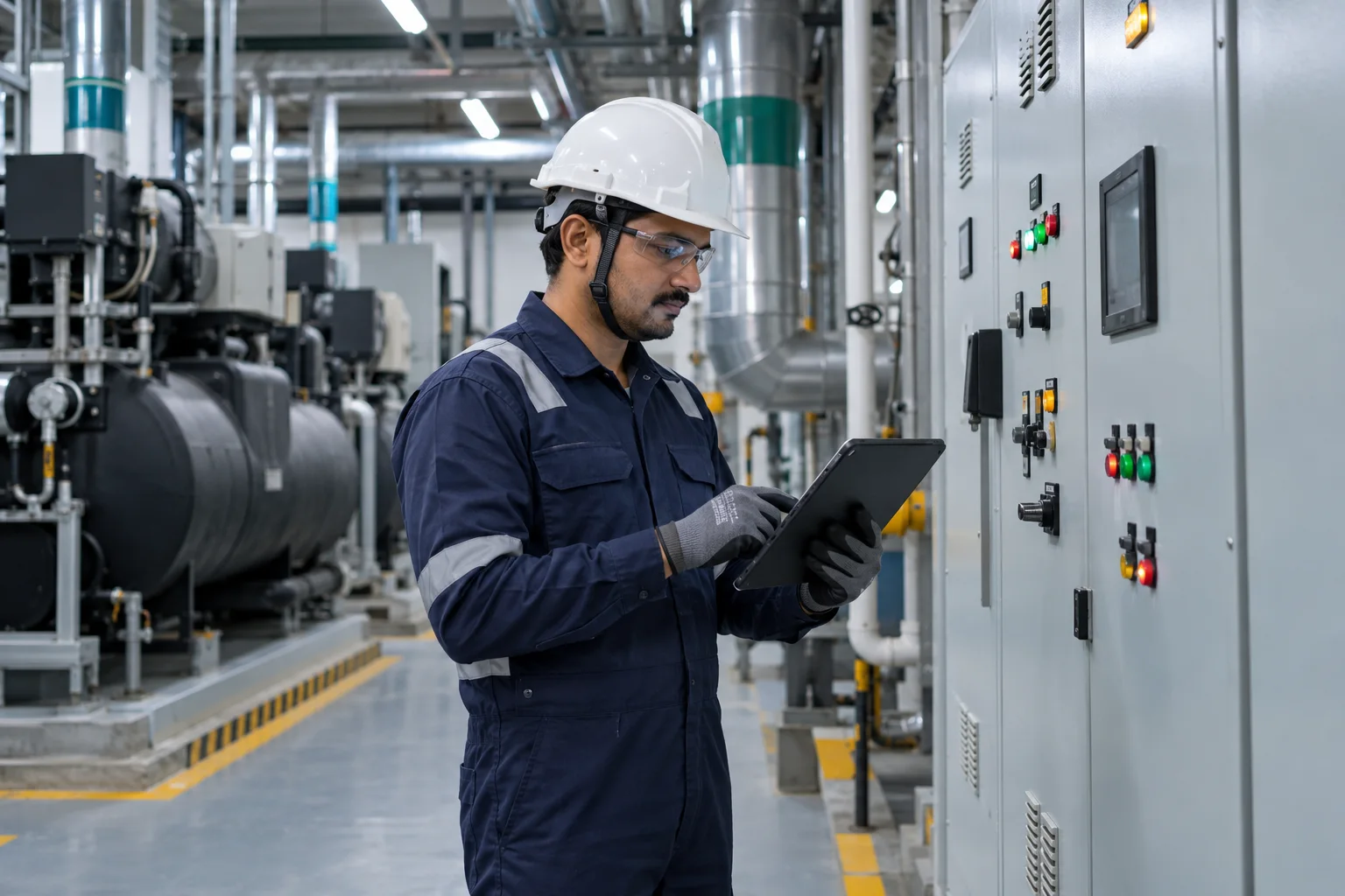 M and E technician inspecting commercial building systems