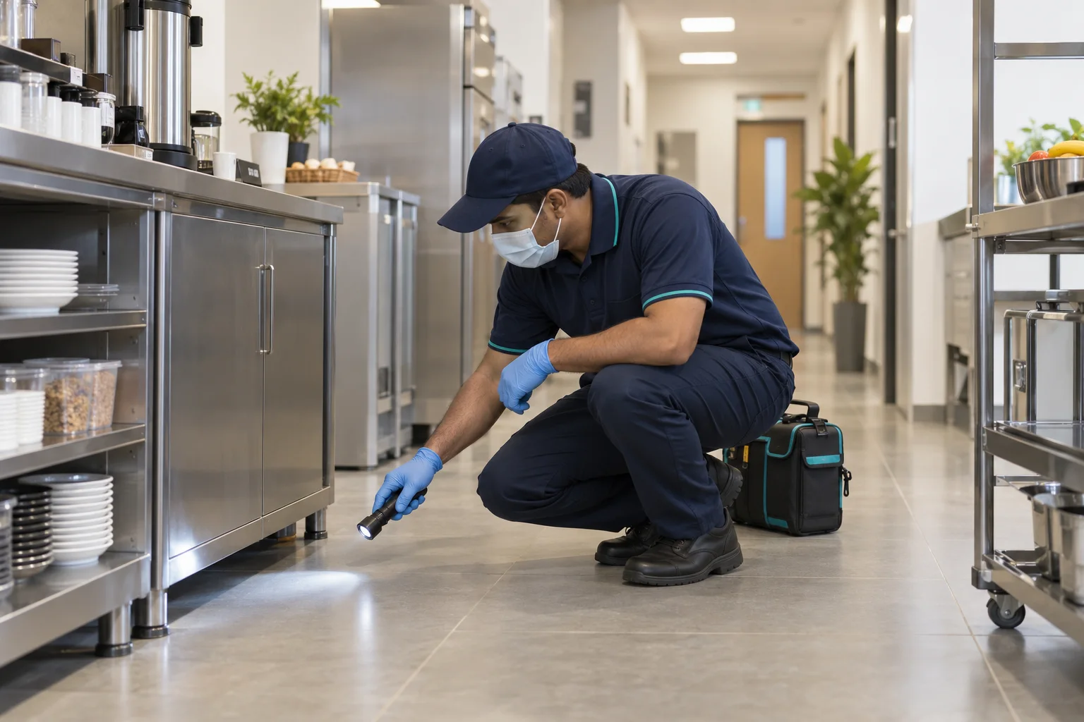 Pest-control professional inspecting a commercial pantry